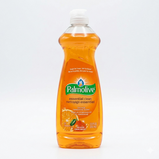 Palmolive dish soap bottle with orange liquid on a white background