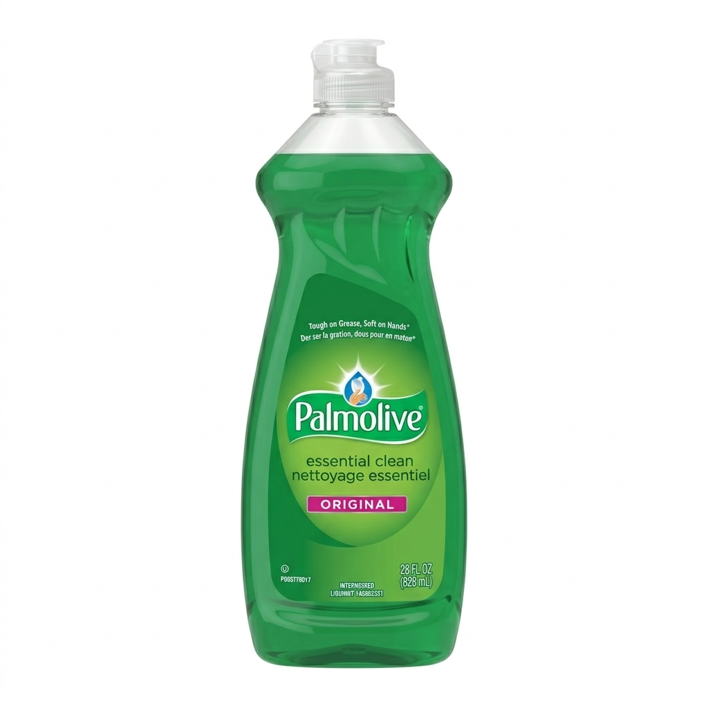 Green bottle of Palmolive dish soap on a white background
