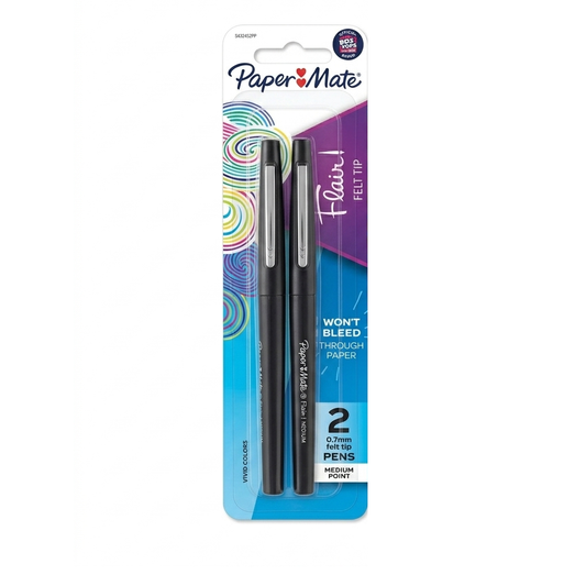 Two black Paper Mate Flair pens in packaging on a white background