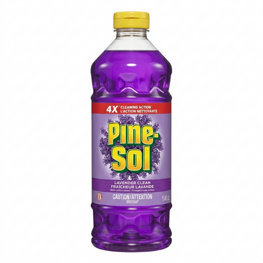 Purple bottle of Pine-Sol cleaner with a yellow cap on a white background