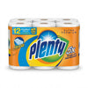 A 12-pack bundle of Plenty Ultra Premium double rolls paper towels, featuring a bright orange and blue cardboard sleeve with a white paper core visible at the ends.