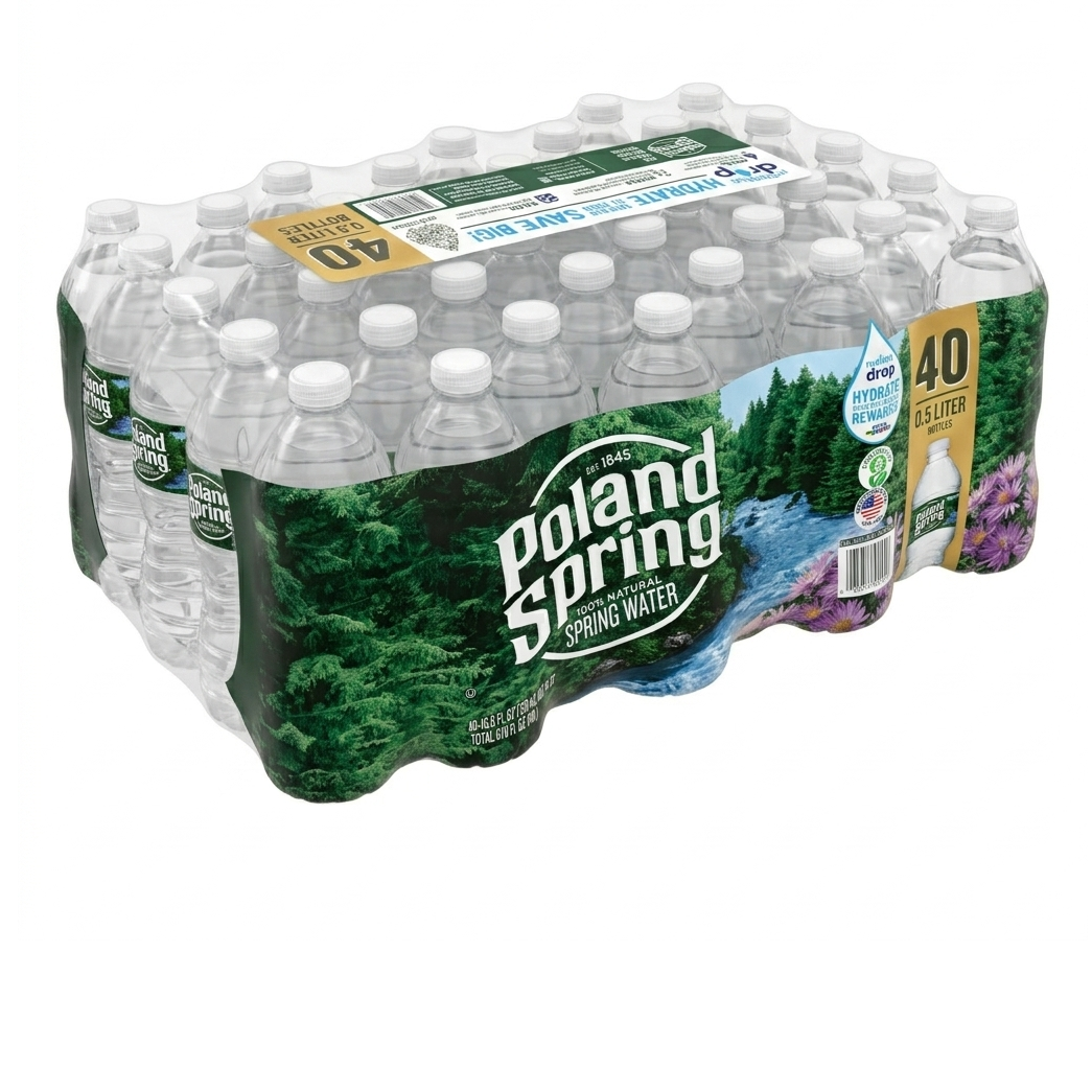 Packaging of Poland Spring bottled water with 40 bottles on a white background