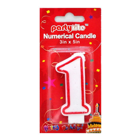 A white foam '1' birthday candle with a red outline, packaged in a red 'Partyrite' retail card with colorful confetti and star graphics.