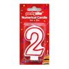 A red and white '2' shaped birthday candle in its original retail packaging, featuring a red header card with 'party lite' branding and 'Numerical Candle 3in x 5in' text.