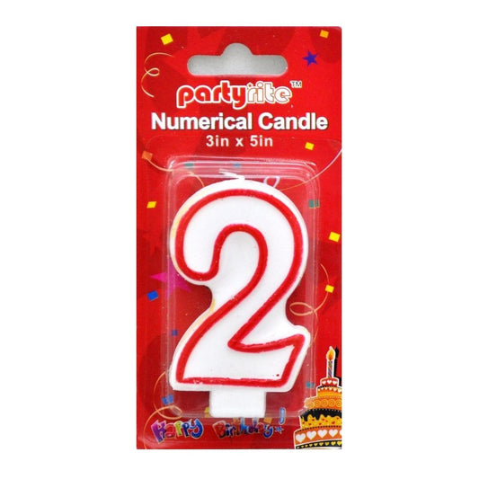 A red and white '2' shaped birthday candle in its original retail packaging, featuring a red header card with 'party lite' branding and 'Numerical Candle 3in x 5in' text.