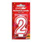 A red and white '2' shaped birthday candle in its original retail packaging, featuring a red header card with 'party lite' branding and 'Numerical Candle 3in x 5in' text.