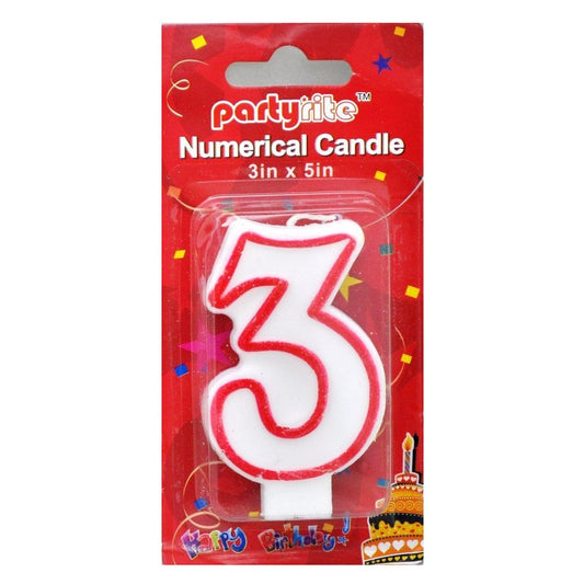 A red and white plastic '3' shaped birthday candle in its original retail packaging, featuring the 'partyrite' brand name on a red backing card.
