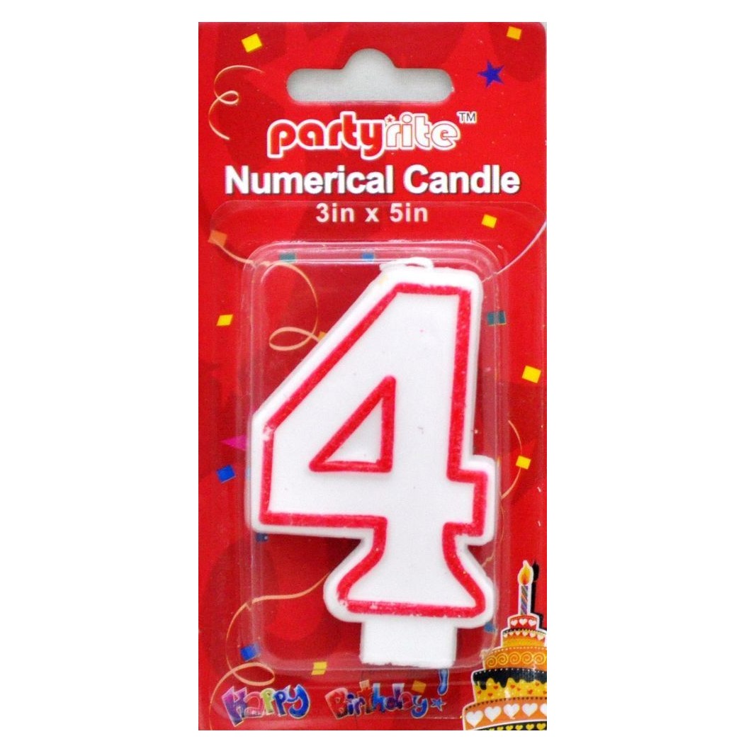 A white plastic number 4 birthday candle with a red outline, packaged on a red 'Partyrite' branded card.