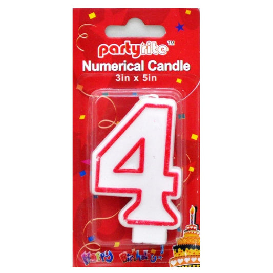 A white plastic number 4 birthday candle with a red outline, packaged on a red 'Partyrite' branded card.