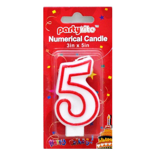A white and red plastic '5' birthday candle in its original red retail packaging, featuring the 'partyrite' brand logo.