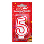 A white and red plastic '5' birthday candle in its original red retail packaging, featuring the 'partyrite' brand logo.