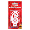 A white and red plastic six candle shaped for a birthday, packaged in a red 'Partyrite' blister card with 'Numerical Candle 3in x 5in' printed on it.