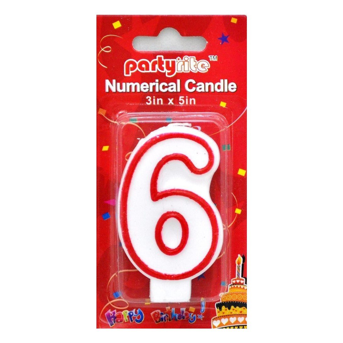 A white and red plastic six candle shaped for a birthday, packaged in a red 'Partyrite' blister card with 'Numerical Candle 3in x 5in' printed on it.