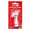 A white and red number 7 birthday candle in its original red 'partyrite' retail packaging, shown against a plain white background.
