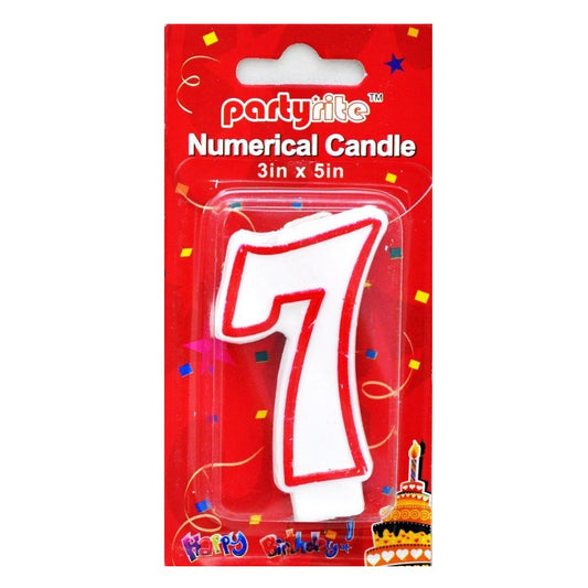 A white and red number 7 birthday candle in its original red 'partyrite' retail packaging, shown against a plain white background.