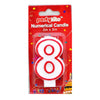 An 8-shaped birthday candle in white with a red outline, packaged in a red 'Partyrite' blister pack labeled 'Numerical Candle 3in x 5in'.