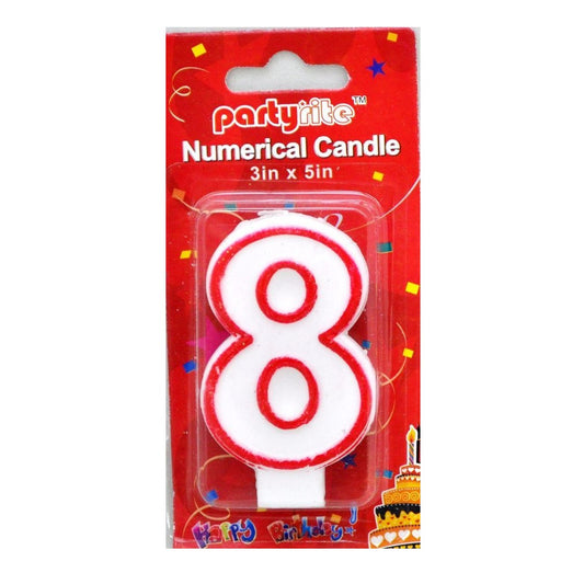 An 8-shaped birthday candle in white with a red outline, packaged in a red 'Partyrite' blister pack labeled 'Numerical Candle 3in x 5in'.