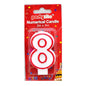 An 8-shaped birthday candle in white with a red outline, packaged in a red 'Partyrite' blister pack labeled 'Numerical Candle 3in x 5in'.