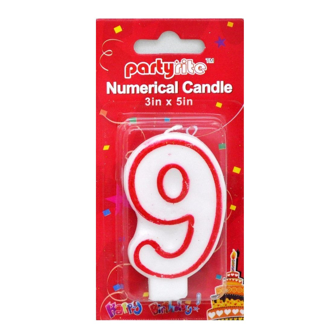 A red and white plastic number 9 birthday candle in its original red 'partyrite' retail packaging, shown against a plain white background.