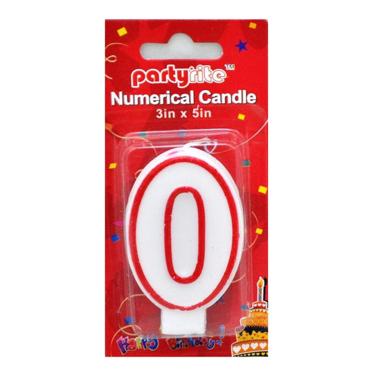 A white and red foam number zero birthday candle in its original red 'Partyrite' retail packaging.