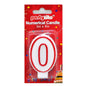 A white and red foam number zero birthday candle in its original red 'Partyrite' retail packaging.