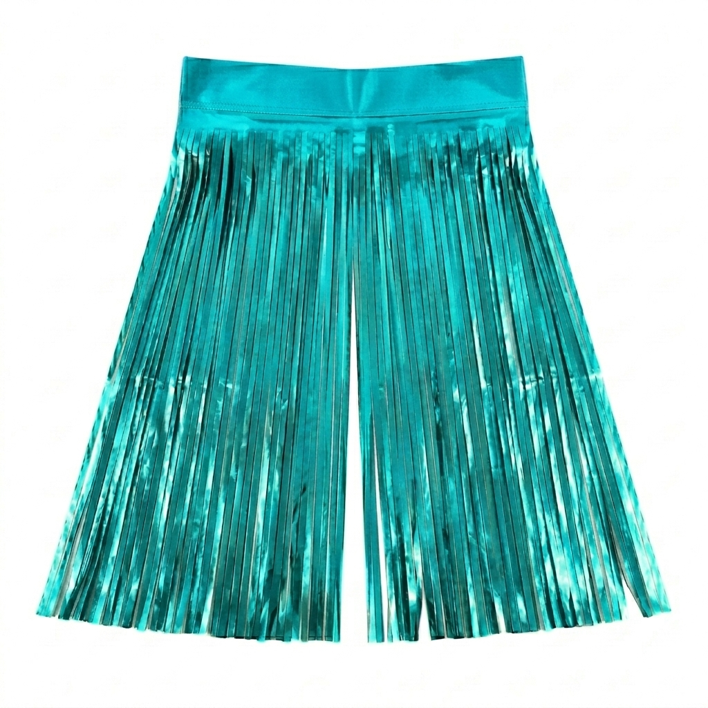 Turquoise metallic fringe backdrop on a white background