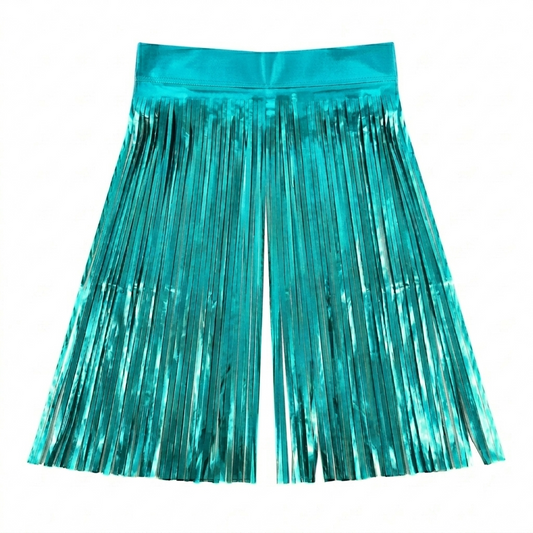 Turquoise metallic fringe backdrop on a white background