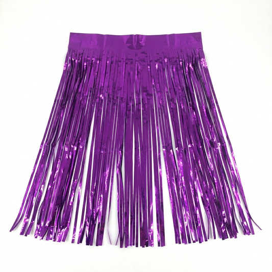 Purple tinsel fringe skirt on a white background