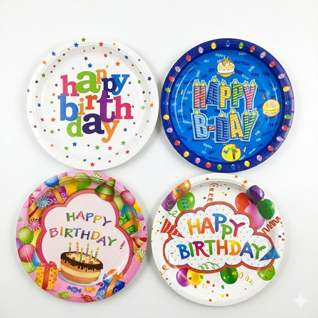 Four colorful 'Happy Birthday' plates with different designs on a white background