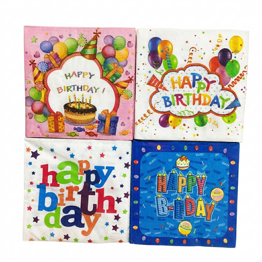 Four colorful birthday-themed greeting cards with balloons and cake illustrations.