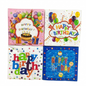 Four colorful birthday-themed greeting cards with balloons and cake illustrations.