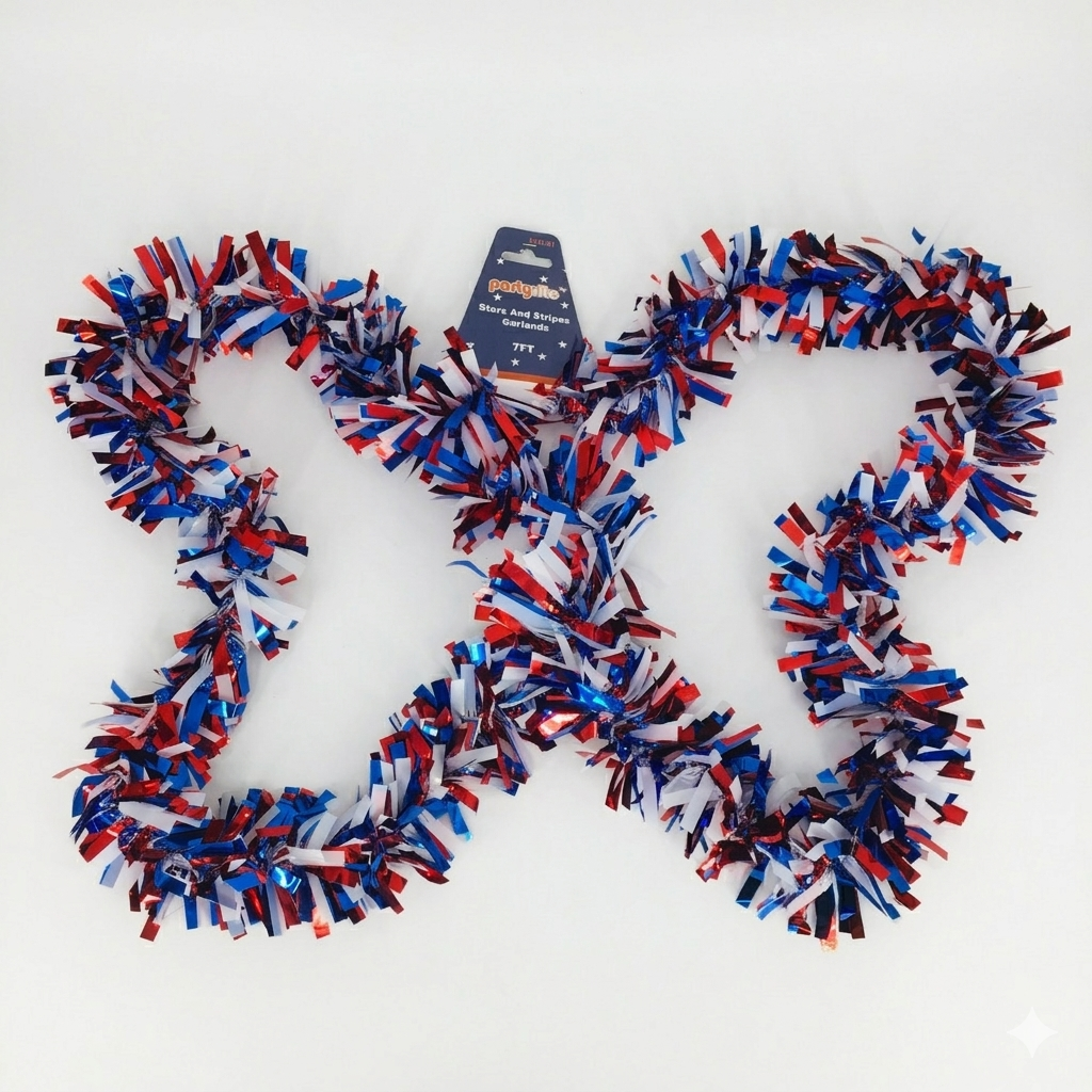 Red, white, and blue tinsel garland on a white background