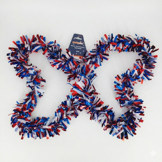 Red, white, and blue tinsel garland on a white background
