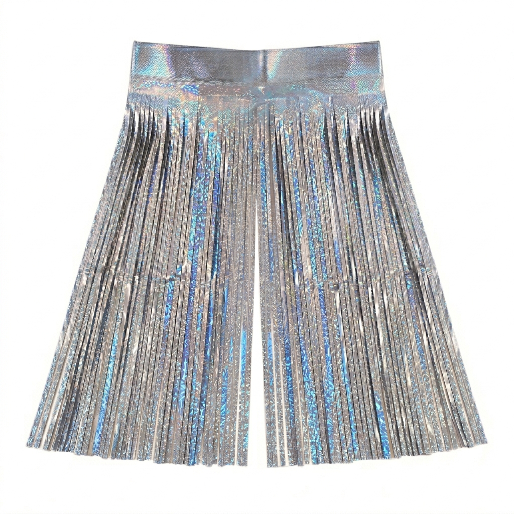 Silver metallic fringe foil backdrop on a white background