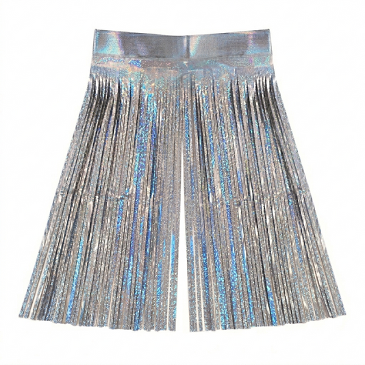 Silver metallic fringe foil backdrop on a white background