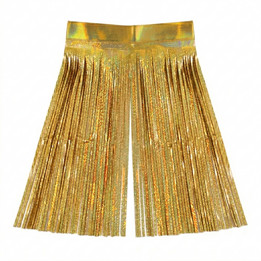 Gold fringe foil backdrop on a white background