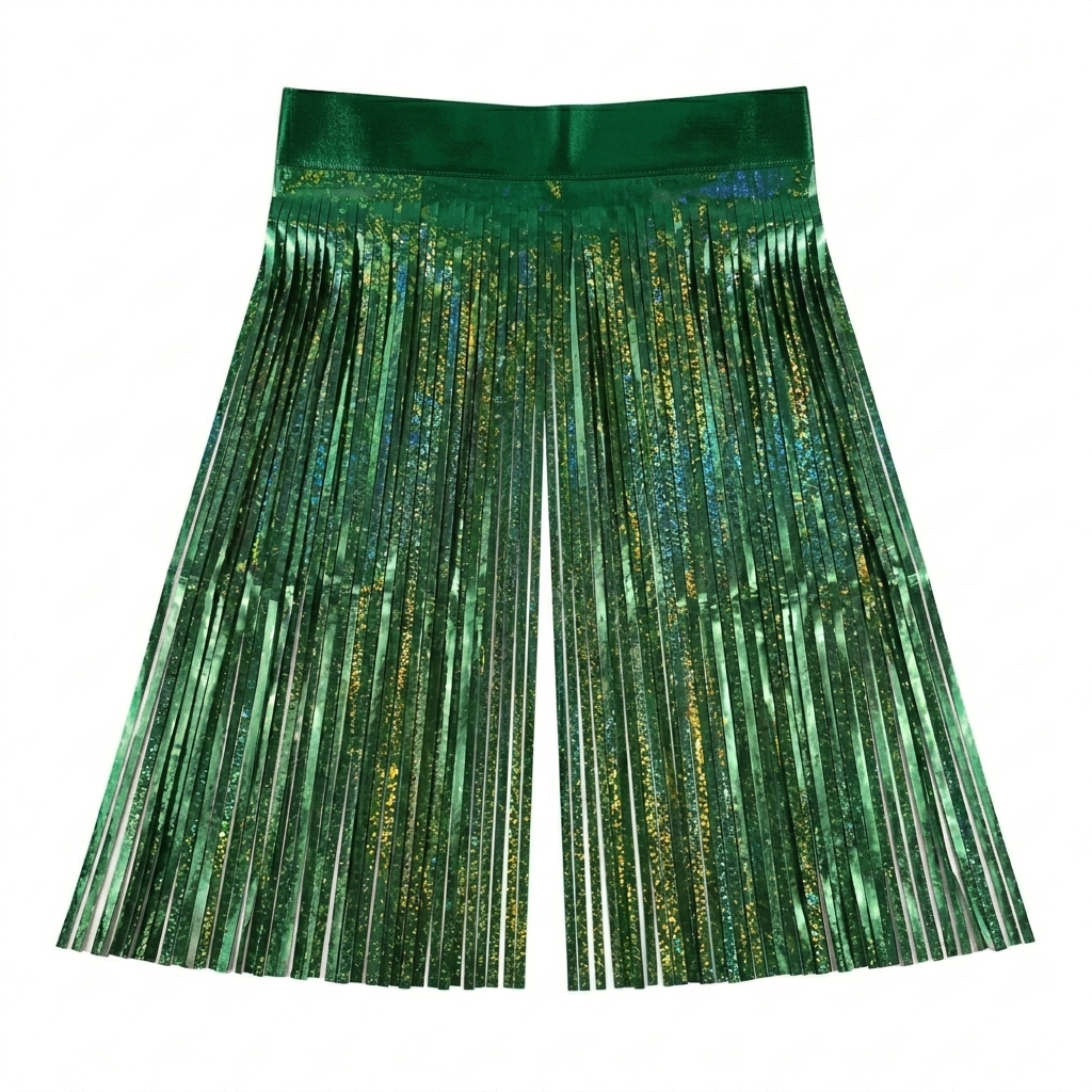 Green foil fringe backdrop with glittery texture on a white background
