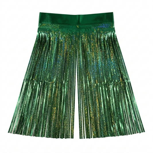 Green foil fringe backdrop with glittery texture on a white background