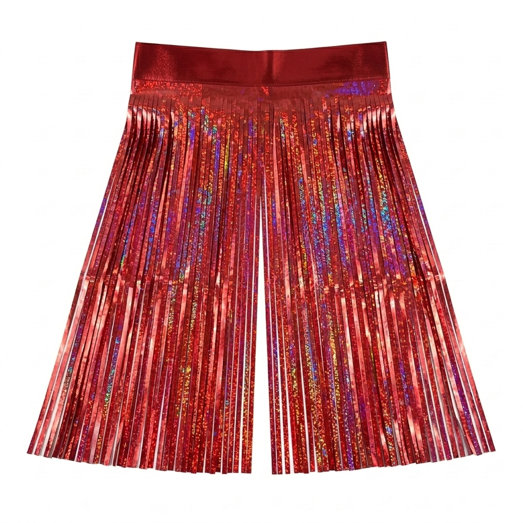 Red foil fringe curtain with a shiny texture on a white background