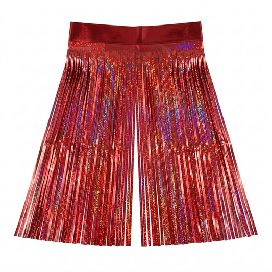 Red foil fringe curtain with a shiny texture on a white background