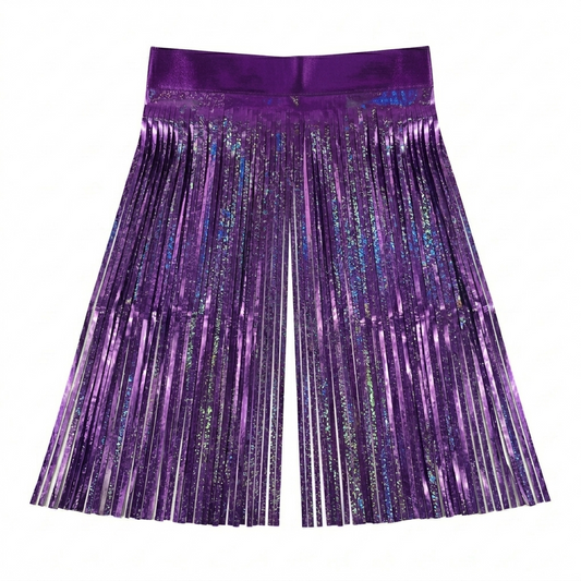 Purple metallic foil fringe backdrop with a shiny texture on a white background