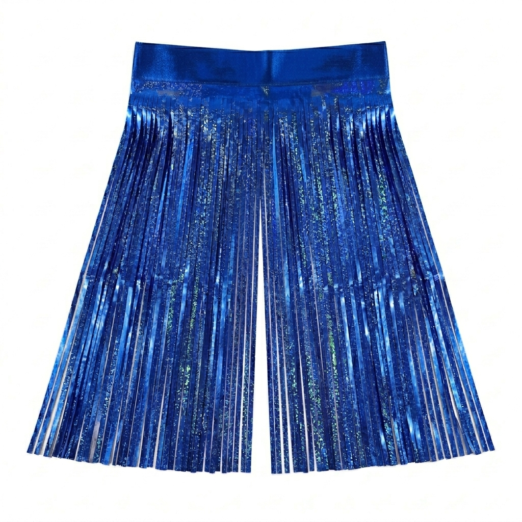 Blue metallic foil fringe backdrop on a white background