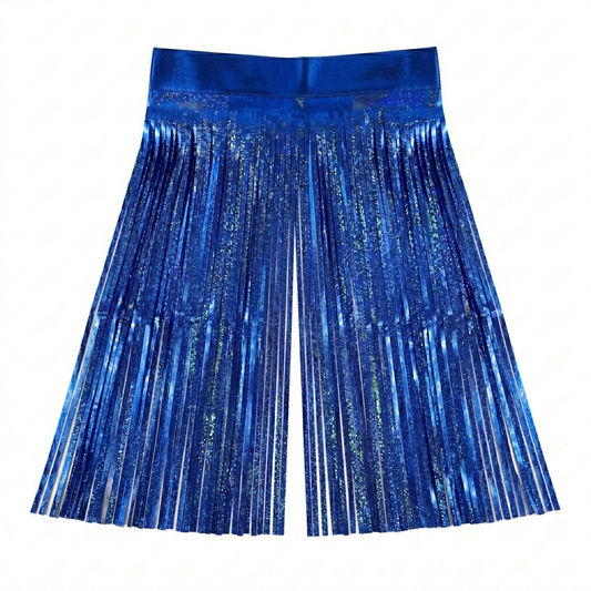 Blue metallic foil fringe backdrop on a white background