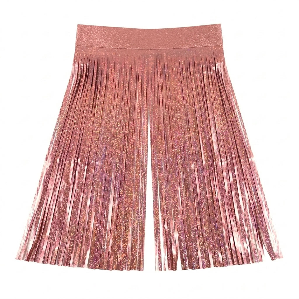 Rose gold glitter fringe curtain backdrop on a white background