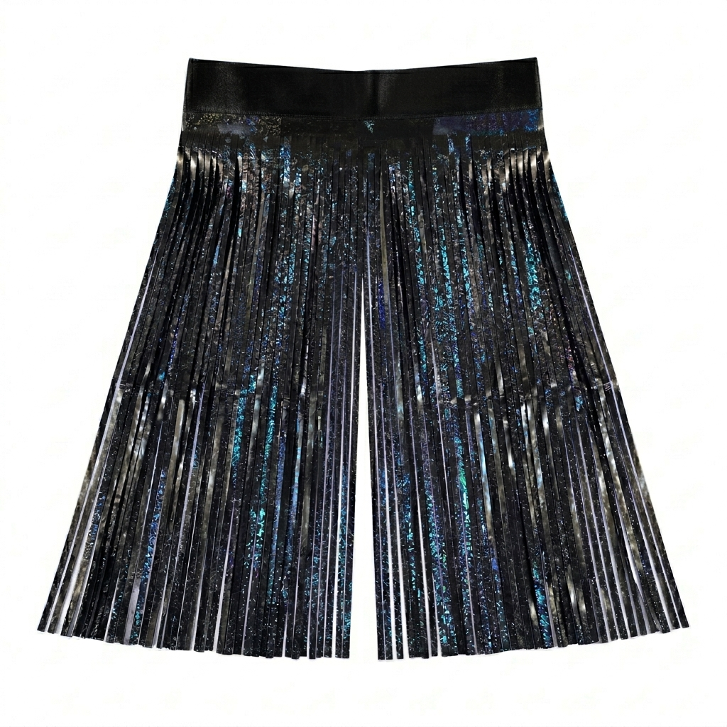 Black foil fringe with metallic blue accents on a white background
