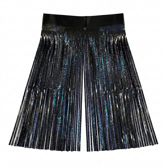 Black foil fringe with metallic blue accents on a white background