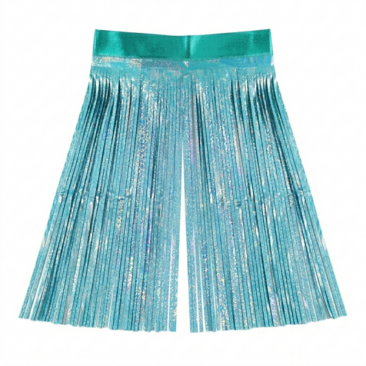 Turquoise fringe curtain backdrop with a green waistband on a white background
