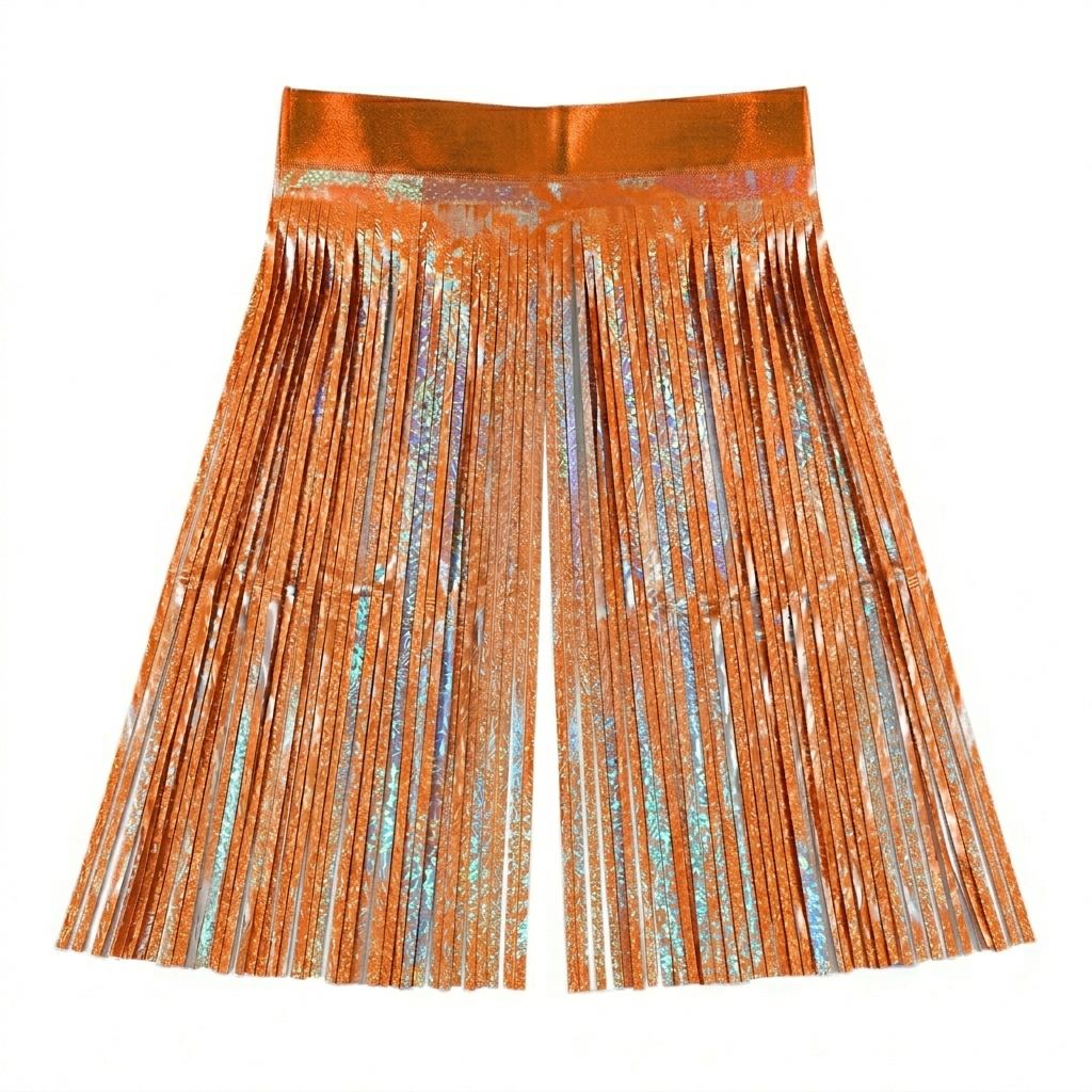 Orange fringe backdrop with metallic accents on a white background
