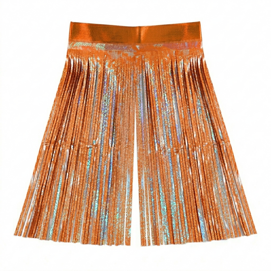 Orange fringe backdrop with metallic accents on a white background