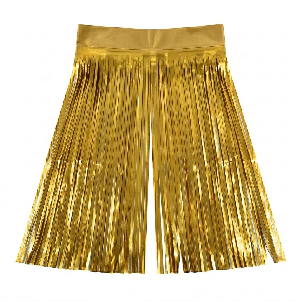 Gold metallic fringe backdrop on a white background